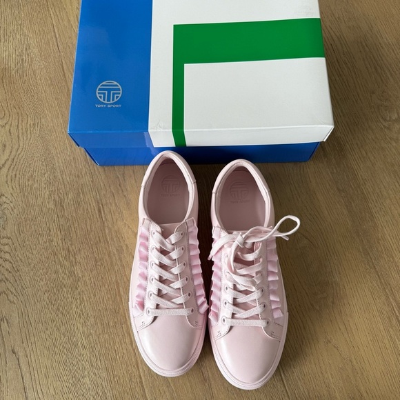 Tory Burch Tory Sport Cotton Pink Calf Leather Ruffle Sneaker - Picture 2 of 7